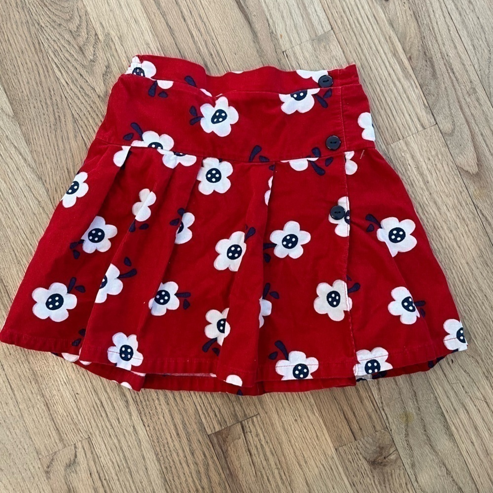 Le Top Red Corduroy Floral Skirt Skort w built in striped shorts Sz 6x